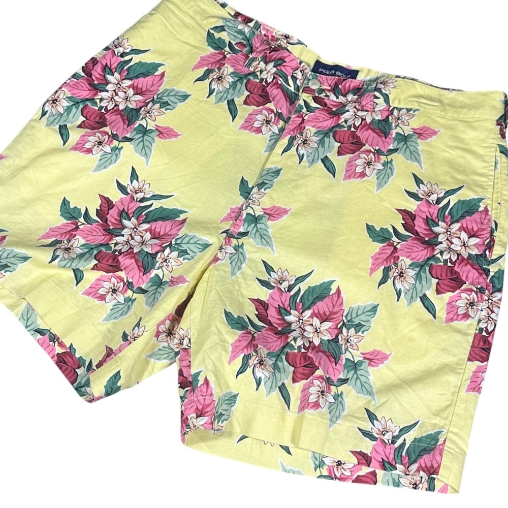 Polo Golf Ralph Lauren Shorts Men's 40 Yellow Pink Floral Hibiscus Linen Blend